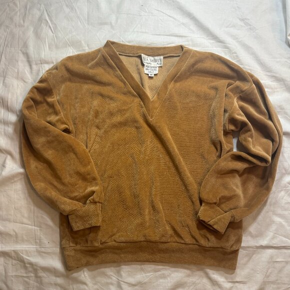 Vintage Tea Shirts Tan Velour V-Neck with Pockets, Medium - Picture 1 of 6
